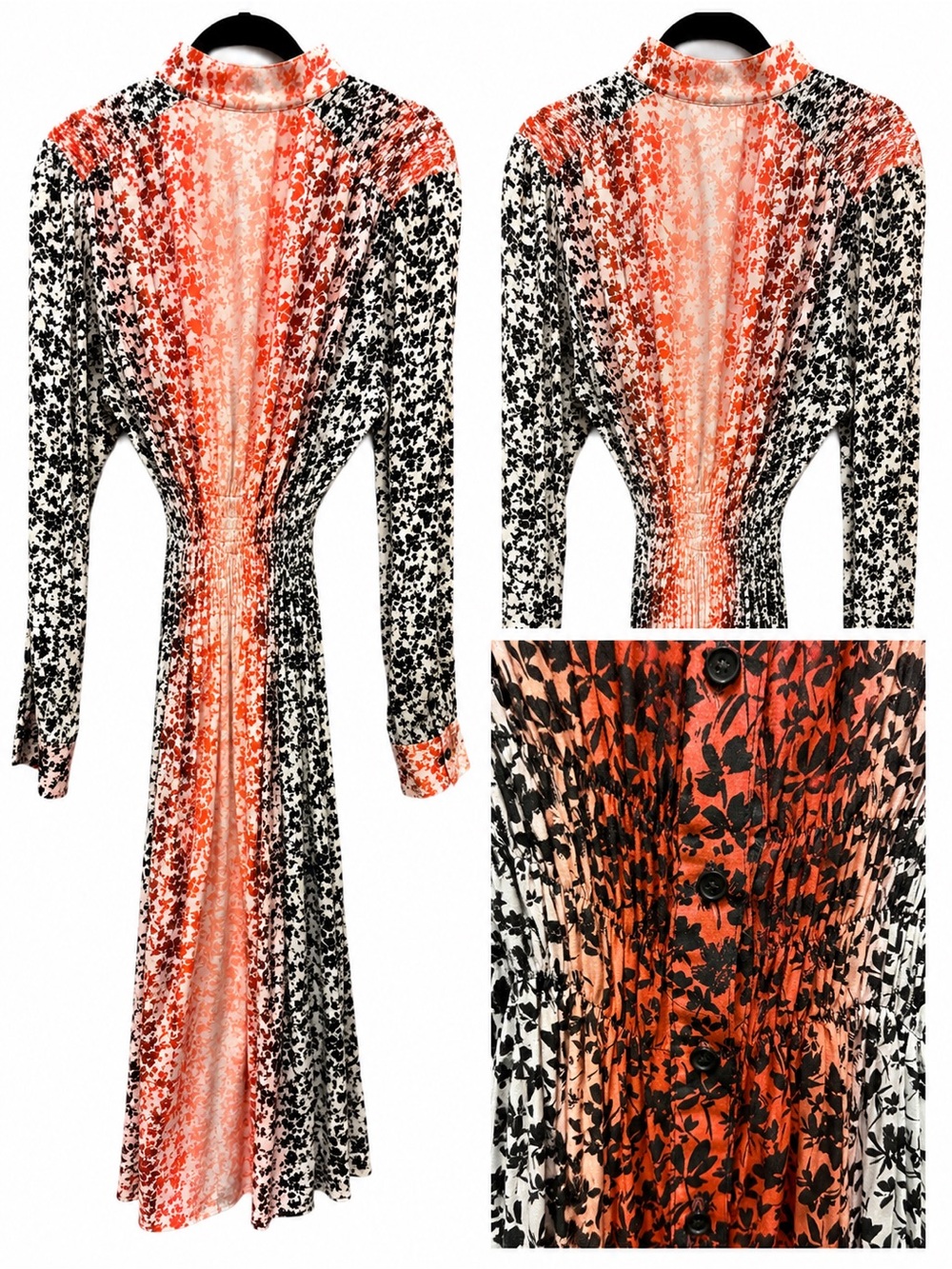 Floral Print Long Sleeve Midi Dress in Orange and Black